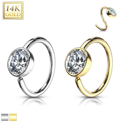 14K Solid Gold 20 Gauge Bendable Nose Hoop with Fixed Bead CZ