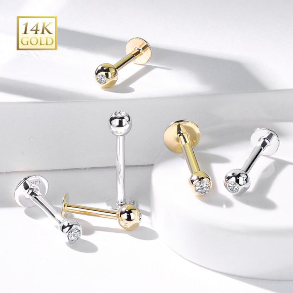 14K Solid Gold 14 and 16 Gauge Flat Back Labret Stud Clear CZ - photo 3