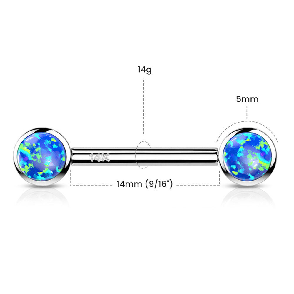 14 Karat Solid Gold 14 Gauge Nipple Barbell with Bezel Set Opal - Pair - photo 2