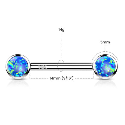 14 Karat Solid Gold 14 Gauge Nipple Barbell with Bezel Set Opal - Pair - photo 2