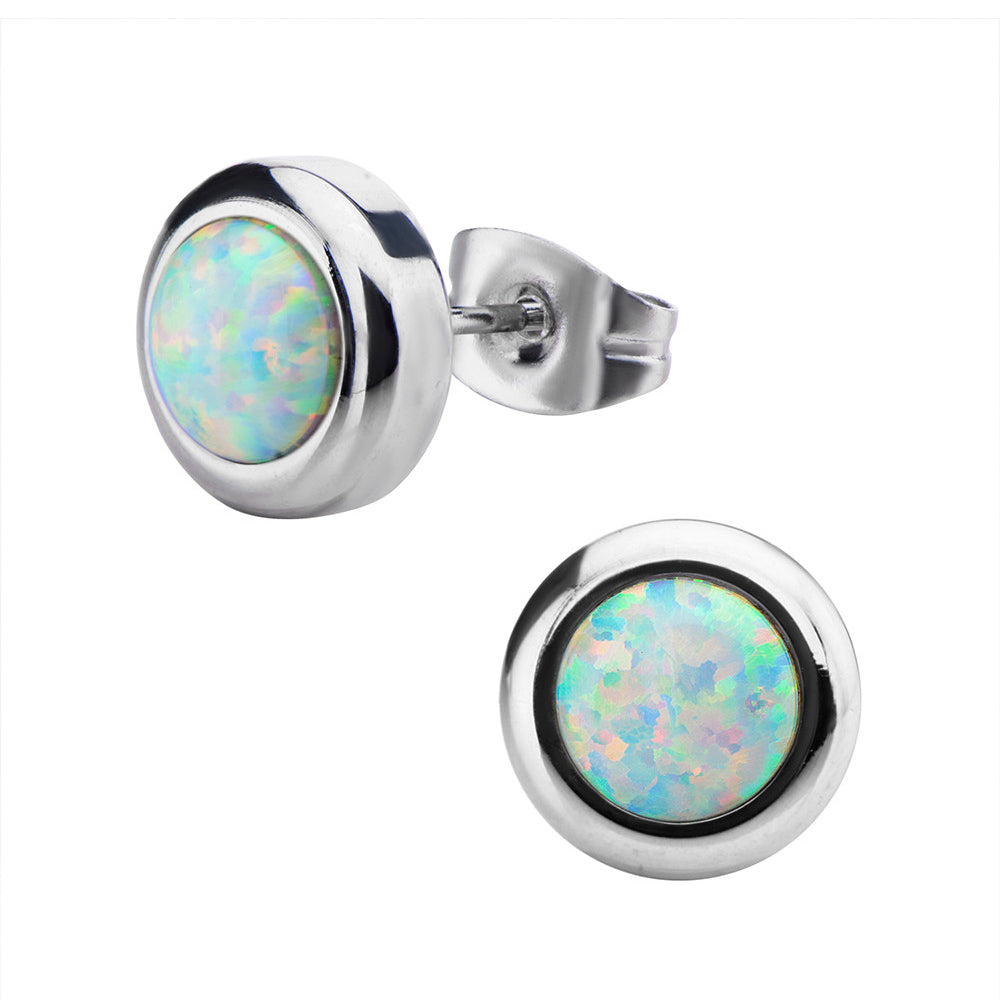 Surgical Steel Bezel Set White Opal Stud Earrings - Pair