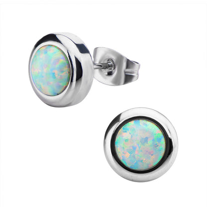Surgical Steel Bezel Set White Opal Stud Earrings - Pair
