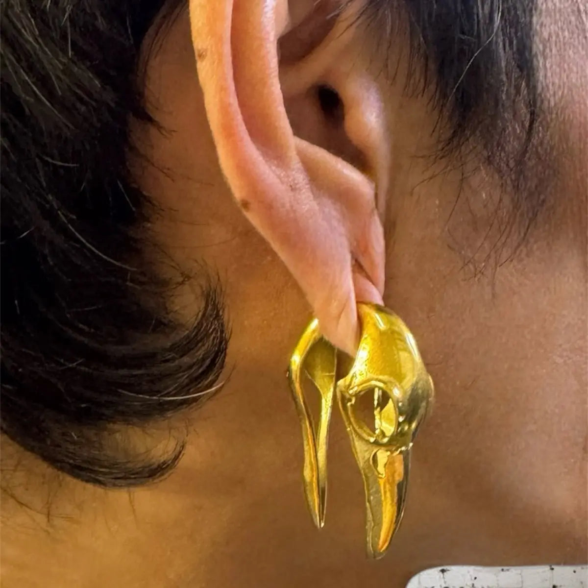 Surgical Steel Ear Weights with Gold Feather Crow Bird Skull - Pair - photo 3