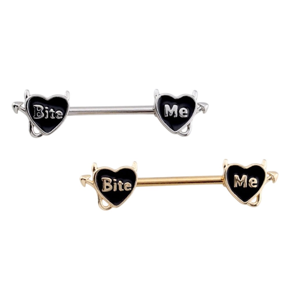 Surgical Steel 14 Gauge Nipple Barbell Heart with Bite Me Shape - Pair