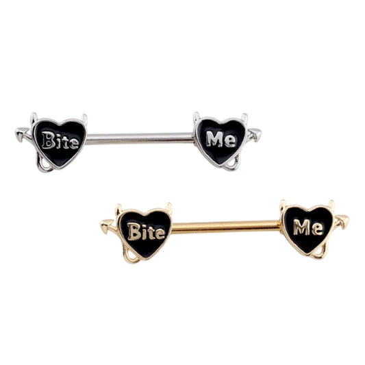 Surgical Steel 14 Gauge Nipple Barbell Heart with Bite Me Shape - Pair