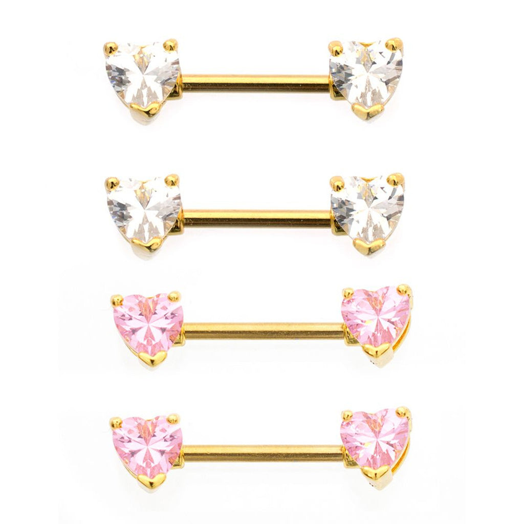 Surgical Steel Nipple Ring Barbell 14 Gauge Heart Shaped CZ Gem - Pair - Kruelty