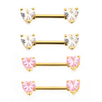 Surgical Steel Nipple Ring Barbell 14 Gauge Heart Shaped CZ Gem - Pair - Kruelty