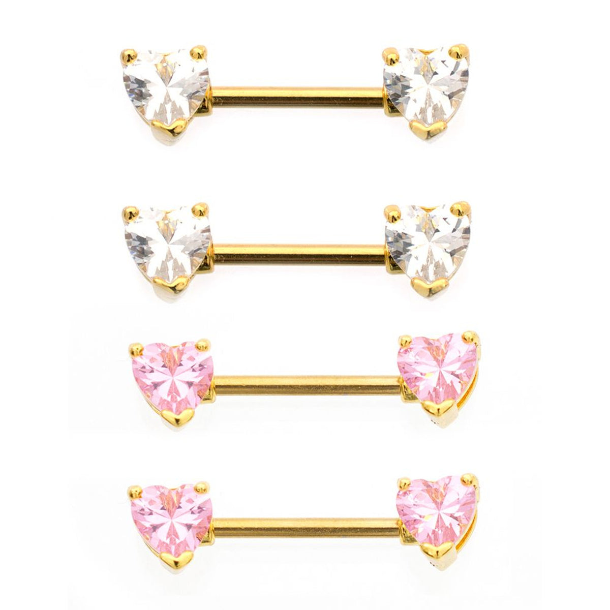 Surgical Steel Nipple Ring Barbell 14 Gauge Heart Shaped CZ Gem - Pair - Kruelty