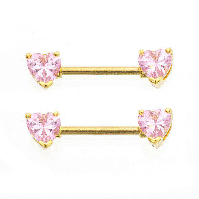 Surgical Steel Nipple Ring Barbell 14 Gauge Heart Shaped CZ Gem - Pair - Kruelty - Photo 2