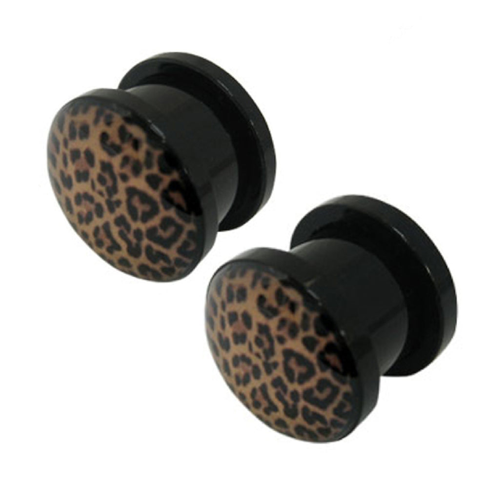Acrylic 2 & 4 Gauge Screw Fit Ear Plugs with Black Leopard Skin - Pair