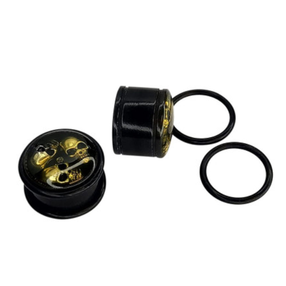 Acrylic 5/8 Inch Ear Gauges Plugs Black with Triple Skull - Pair - photo 2