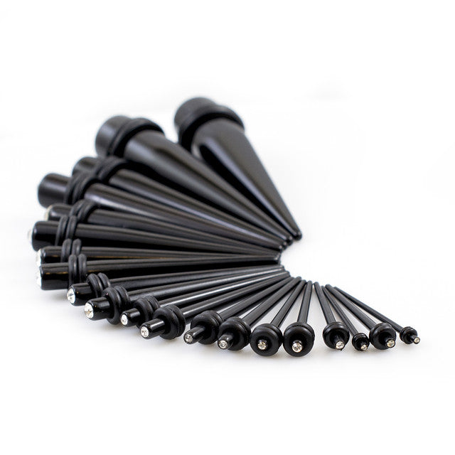 Black Acrylic CZ Spike Tapers Stretching Kit 14 to 00 Gauge - 18 Pack