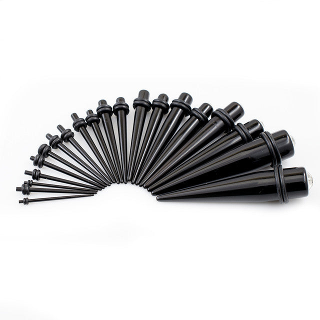 Black Acrylic CZ Spike Tapers Stretching Kit 14 to 00 Gauge - 18 Pack