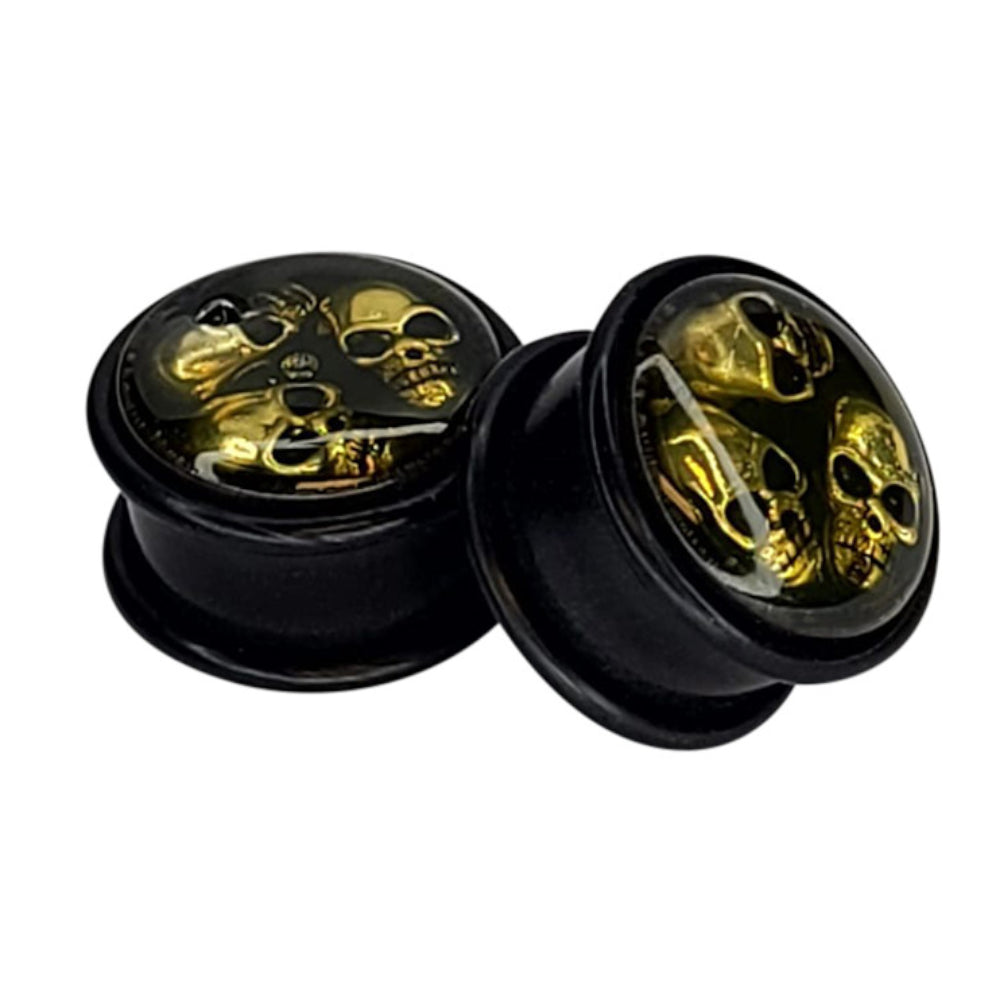 Acrylic 5/8 Inch Ear Gauges Plugs Black with Triple Skull - Pair - photo 4
