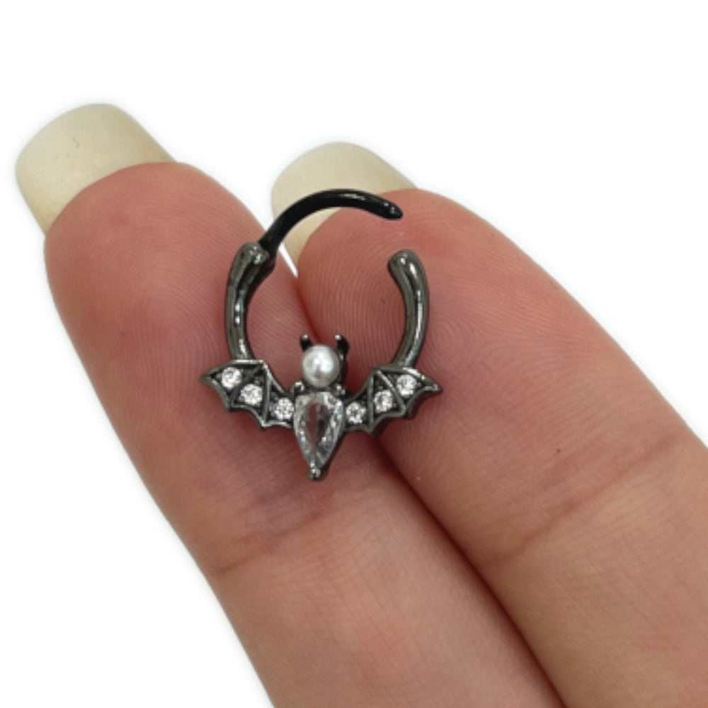 Titanium Hinged Segment Ring 16G 10mm with Vampire Bat CZ & Pearl - photo 2