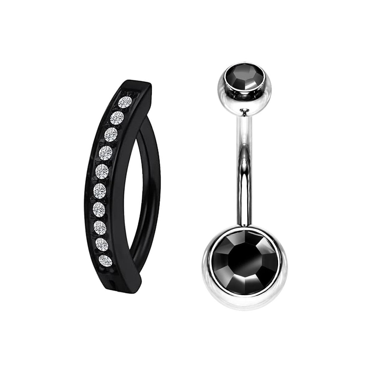 Titanium Black Belly Ring Hinged Hoop Clicker 14 Gauge Gems - 2 Pieces