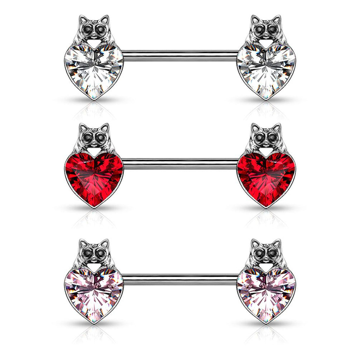 Surgical Steel 14 Gauge Nipple Barbell with Cat Eye CZ Heart - Pair