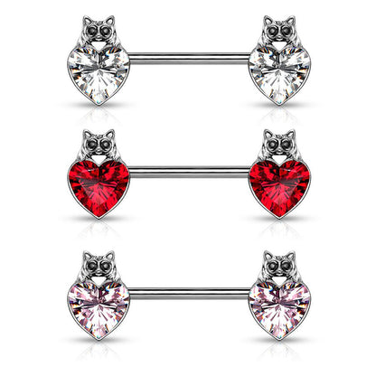 Surgical Steel 14 Gauge Nipple Barbell with Cat Eye CZ Heart - Pair