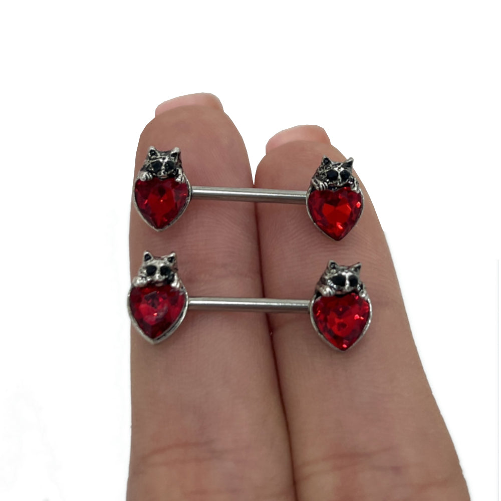 Surgical Steel 14 Gauge Nipple Barbell with Cat Eye CZ Heart - Pair - photo 2