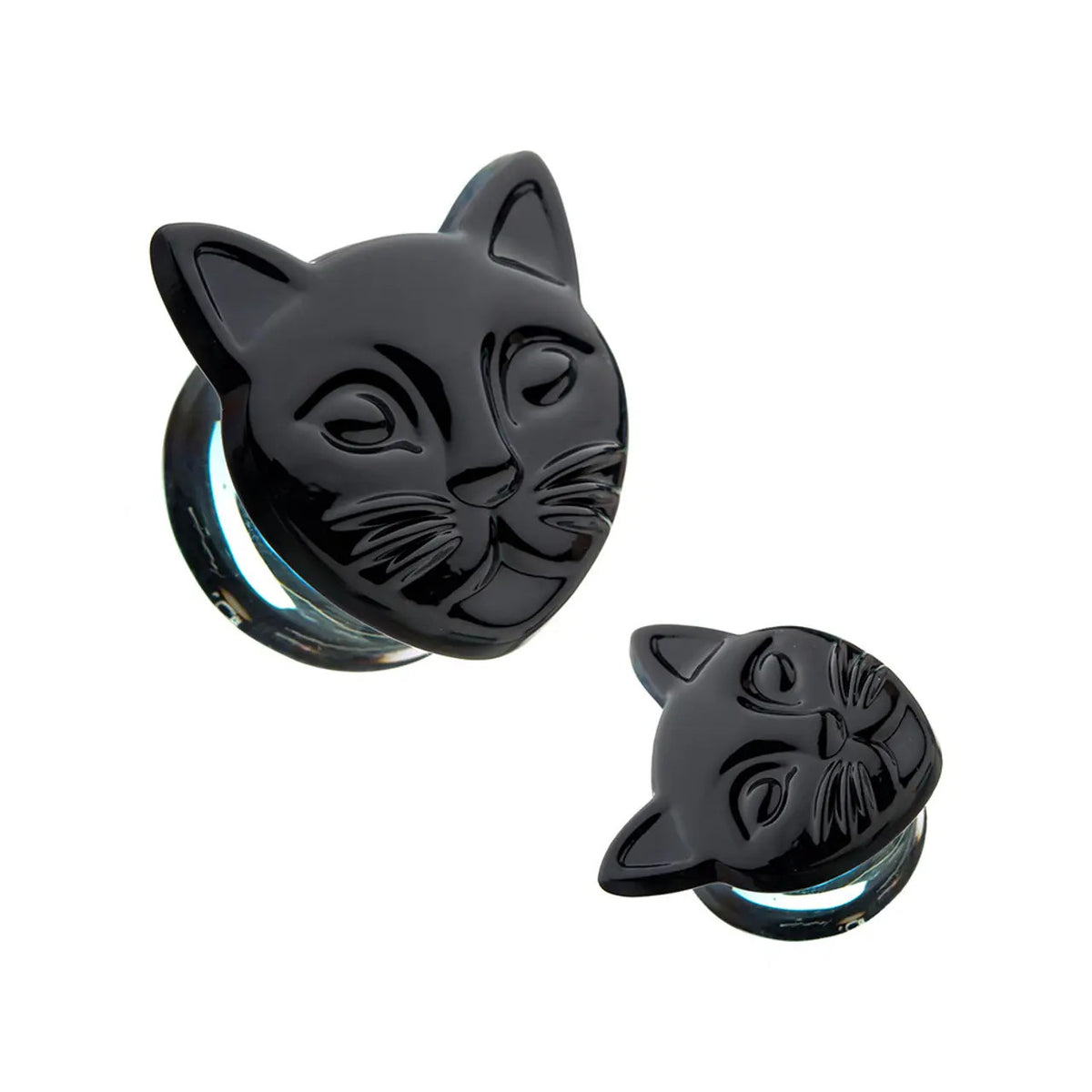 Double Flared Pyrex Glass Plug Ear 0 to 1/2" Gauge & Black Cat - Pair - Kruelty
