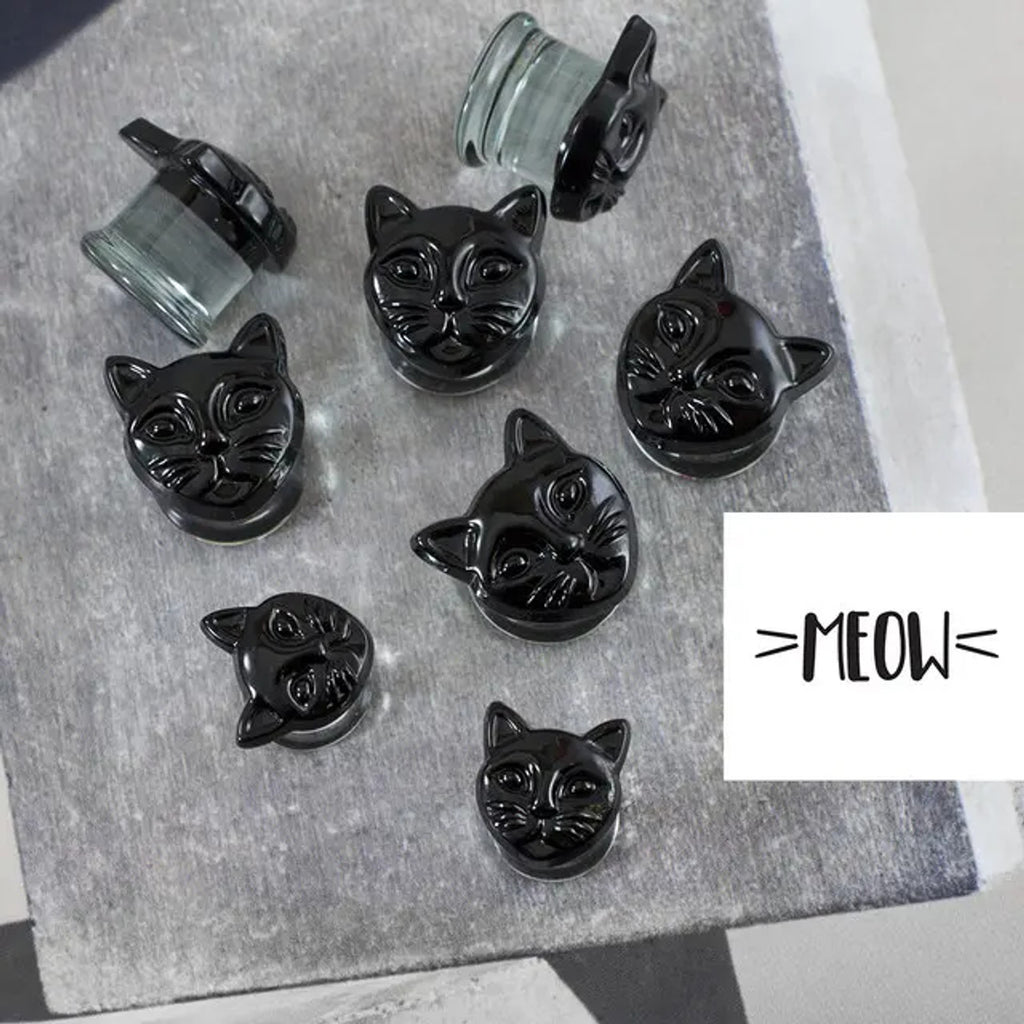Double Flared Pyrex Glass Plug Ear 0 to 1/2" Gauge & Black Cat - Pair - Kruelty - Photo 2