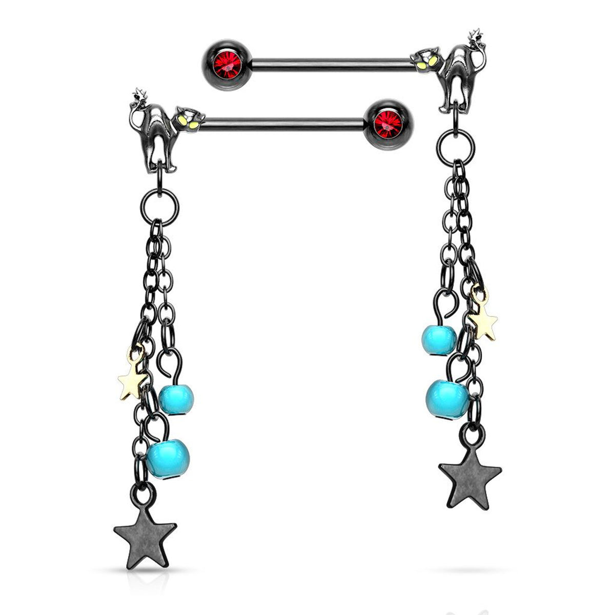 Surgical Steel 14 Gauge Nipple Barbell with Cat Star Dangle - Pair