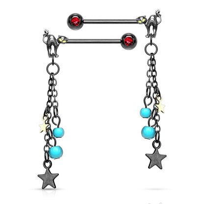 Surgical Steel 14 Gauge Nipple Barbell with Cat Star Dangle - Pair