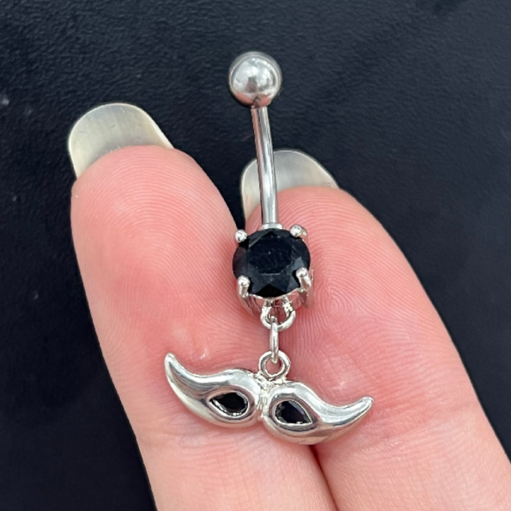 Surgical Steel 14G Belly Button Ring Black Gem CZ Dangling Mustache - View 3