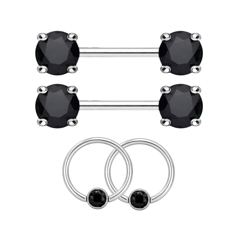 Surgical Steel 14 Gauge Nipple Barbell & Black CZ Captive Bead - Pair