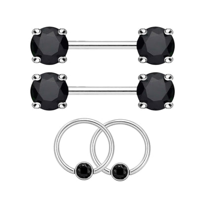 Surgical Steel 14 Gauge Nipple Barbell & Black CZ Captive Bead - Pair