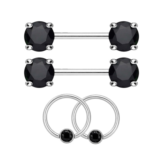 Surgical Steel 14 Gauge Nipple Barbell & Black CZ Captive Bead - Pair