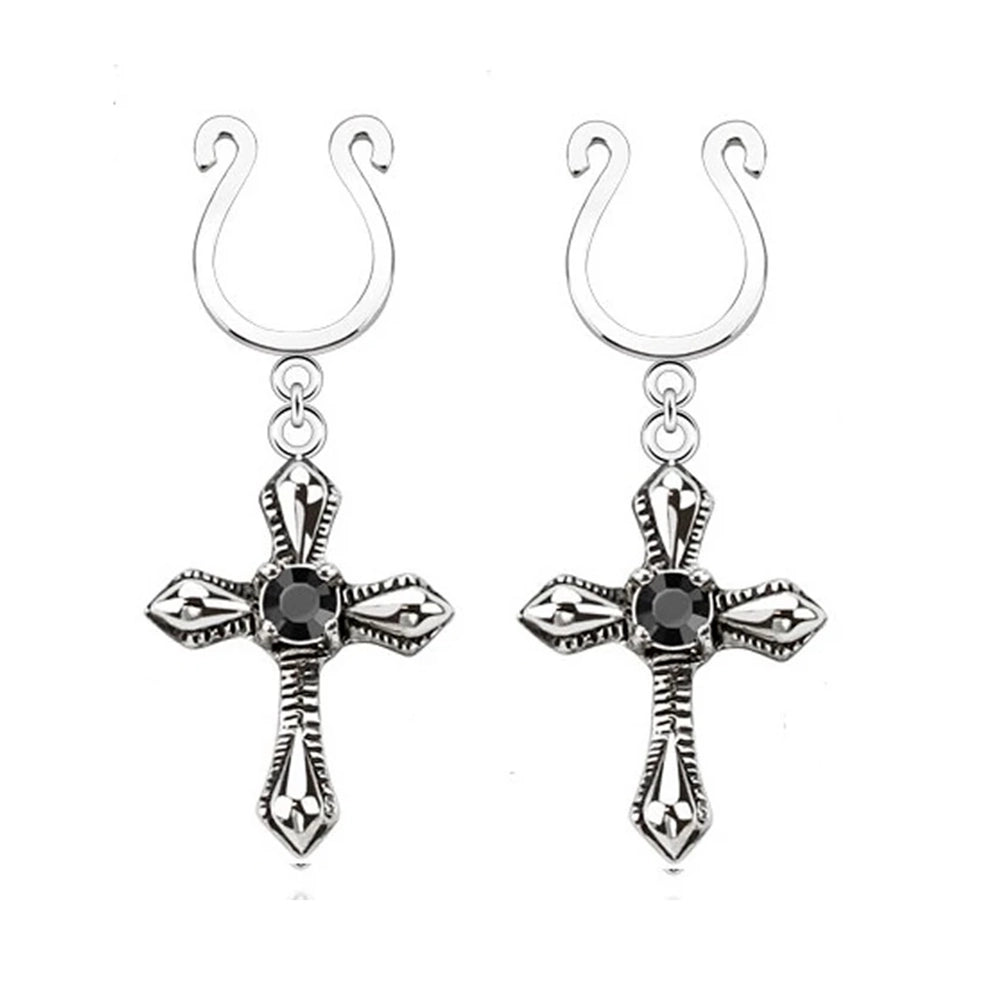 Surgical Steel Dangle Cross CZ Clip On Nipple Rings - Pair - photo 2