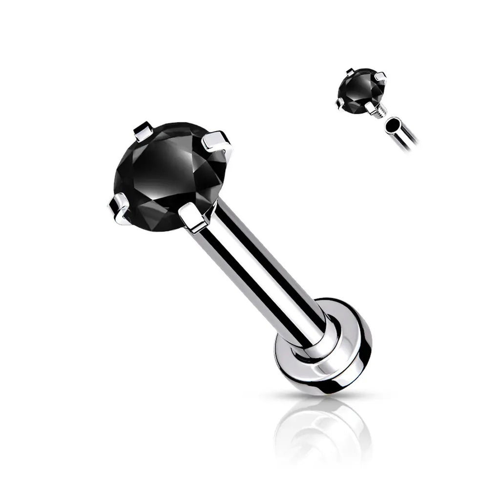 Surgical Steel 18 Gauge Prong CZ Top Flat Back Labret Stud
