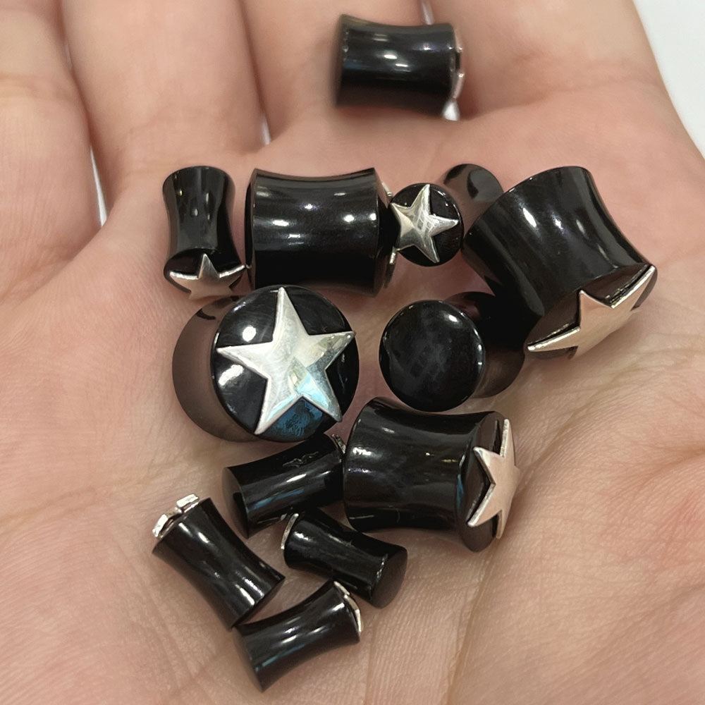 Black Organic Bone Double Flare Ear Plugs with Star 6G to 12mm - Pair - photo 2