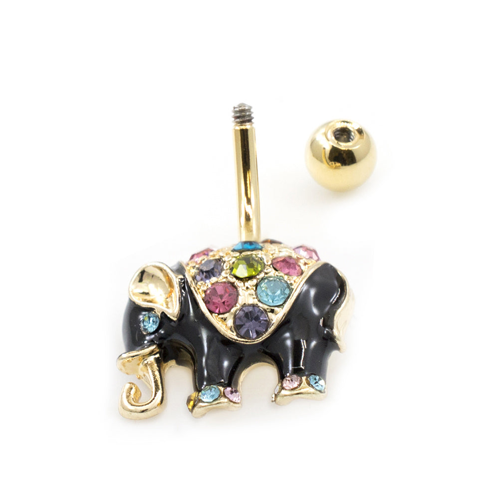 Surgical Steel 14 Gauge Belly Ring with Black Enamel Elephant and CZ - photo 2