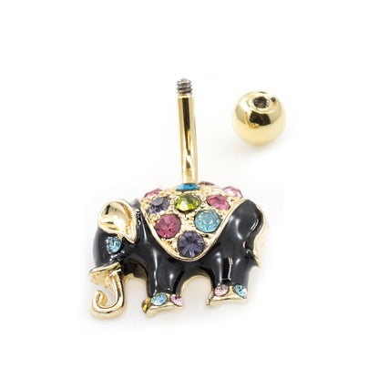 Surgical Steel 14 Gauge Belly Ring with Black Enamel Elephant and CZ - photo 2