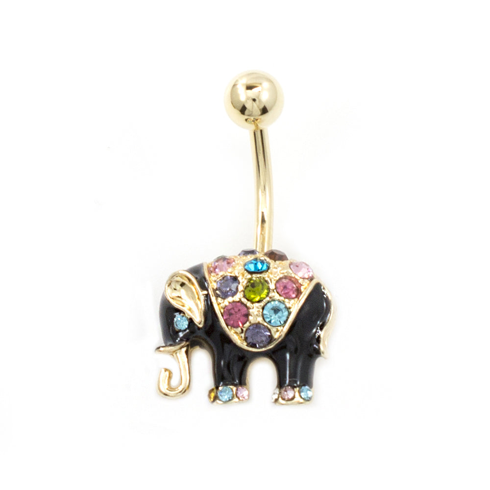 Surgical Steel 14 Gauge Belly Ring with Black Enamel Elephant and CZ