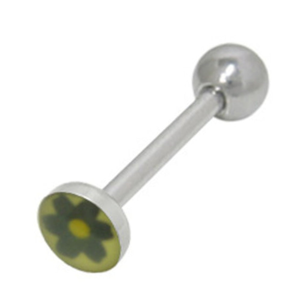 Surgical Steel 14 Gauge Tongue Barbell with Black Flower Logo