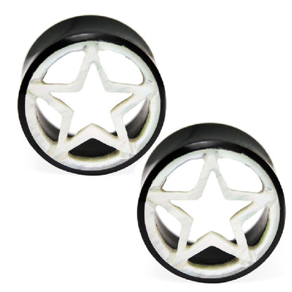 Horn Bone 13/16 Inch Ear Tunnels with Mother of Pearl Stars - Pair