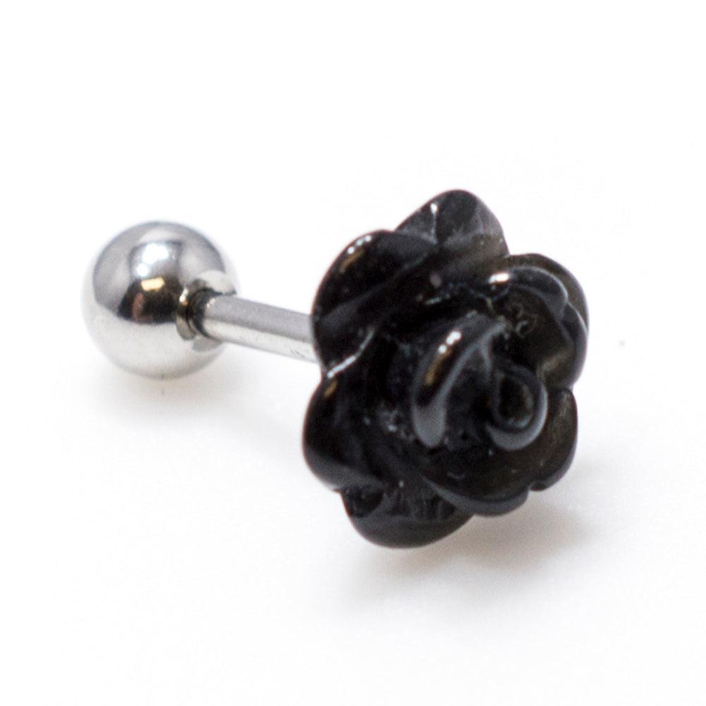 Surgical Steel 16 Gauge Cartilage Barbell with Black Rose Top