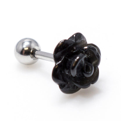 Surgical Steel 16 Gauge Cartilage Barbell with Black Rose Top