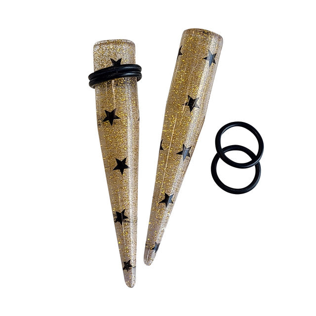 Acrylic Black Star Gold Glitter Taper Kit 6G to 1/2 Inch - 12 Pack - photo 2