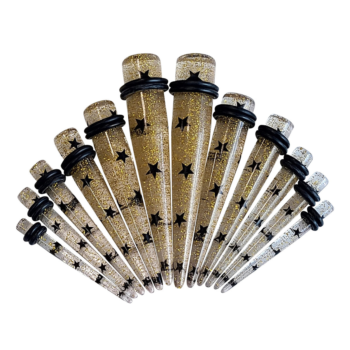 Acrylic Black Star Gold Glitter Taper Kit 6G to 1/2 Inch - 12 Pack