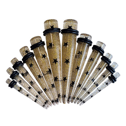 Acrylic Black Star Gold Glitter Taper Kit 6G to 1/2 Inch - 12 Pack