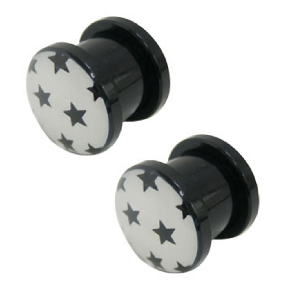 Acrylic Black Screw-Fit Ear Plugs 10G to 2G with Black Star - Pair