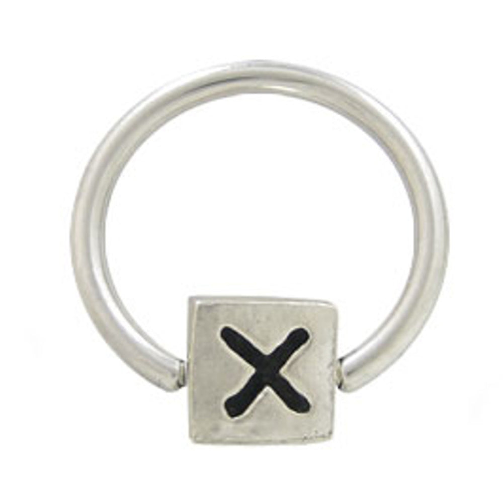 Surgical Steel Captive Ring with Black X Logo Square Bead
