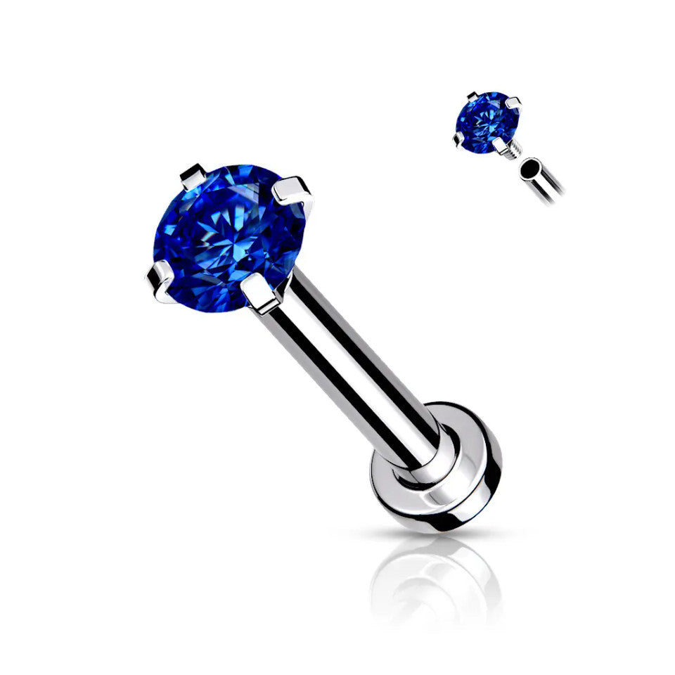 Surgical Steel 18 Gauge Prong CZ Top Flat Back Labret Stud