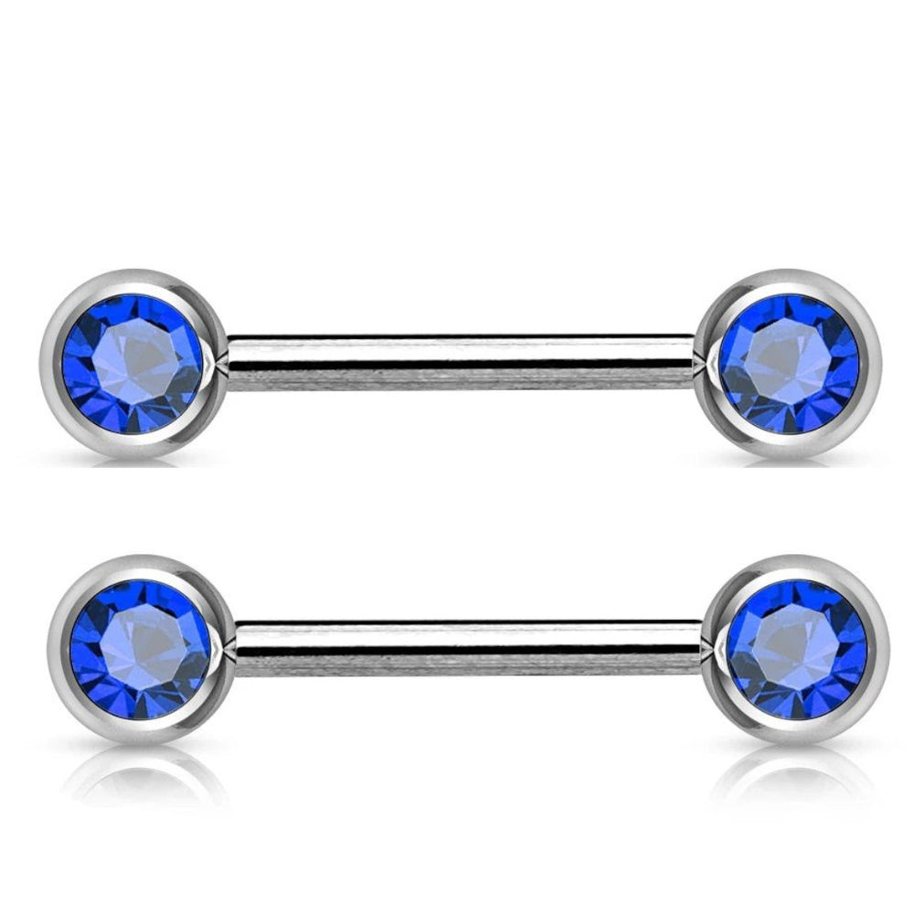 Surgical Steel 14 Gauge Nipple Barbell Blue CZ with Bezel - Pair