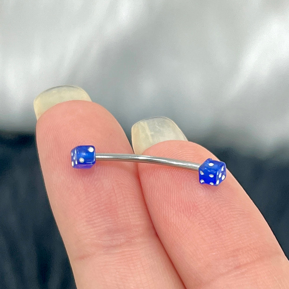 Surgical Steel & Titanium Curved Barbell 16G with Blue Acrylic Dice - photo 4