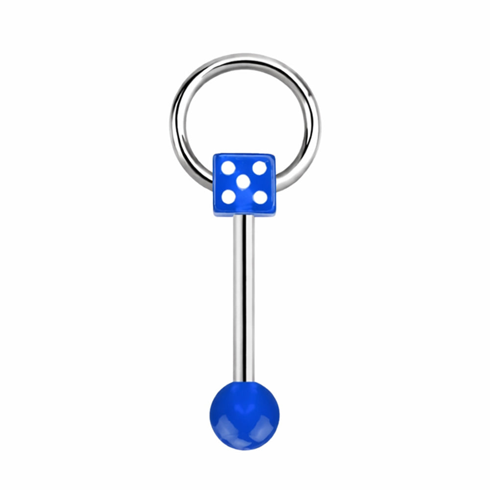 Surgical steel tongue barbell with glow-in-the-dark dice